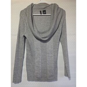 New Directions Petite PS Silver Metallic Ribbed Cowl Neck Long Sleeve Sweater